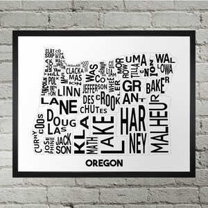 Impression de carte de typographie des comtés de l'Oregon OR | Fait main | Carte du comté de l'Oregon | Impression de carte d'état des États-Unis | Décoration d'intérieur carte de l'Oregon