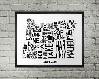 May include: A black and white word art map of Oregon. The state's counties are represented by their names, which are arranged in a way that forms the shape of the state. The words are in a bold, sans-serif font. The words "Oregon" is printed below the map.