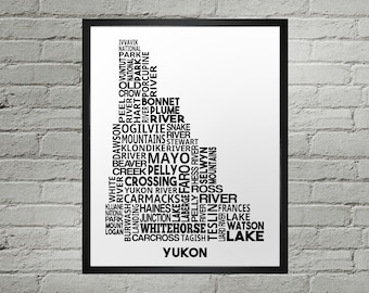 Yukon Cities Typography Map Print | Handmade | Yukon Map | Yukon Print | Yukon Map Art | Yukon Home Decor | Moving Gift | Housewarming Gift