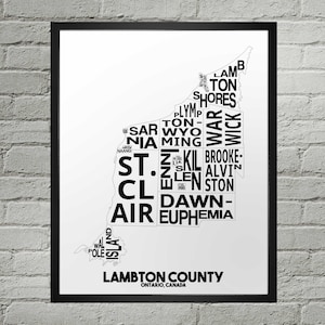 Carte de la ville des municipalités du comté de Lambton | Fait main | Carte du comté de Lambton, Ontario | Comté de Lambton Impression | Illustration de la carte du comté de Lambton