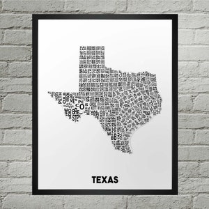 Typografie kaart afdrukken Texas TX provincies | Handgemaakt | Kaart Texas, Verenigde Staten County | Amerikaanse staat kaart afdrukkunst | Texaanse woondecoratie | Texas-cadeau