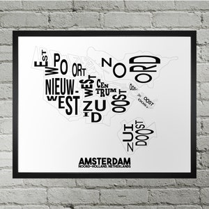 Kaart van de stadsdelen van Amsterdam afdrukken | Handgemaakt | Kaart Amsterdam Nederland | Amsterdam-print | Kaartkunst Amsterdam | Woondecoratie Amsterdam | Kaartkunst