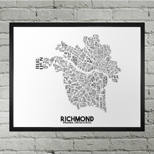 Impression du plan de la ville du quartier de Richmond | Fait main | Carte de Richmond en Virginie | Impression Richmond | Art de la carte de Richmond | Décoration d'intérieur Richmond | Illustration de la carte