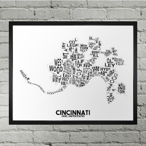 Stadsplattegrond van de wijk Cincinnati afdrukken | Handgemaakt | Kaart Cincinnati (Ohio) | Cincinnati-print | Kaartkunst Cincinnati | Woondecoraties Cincinnati