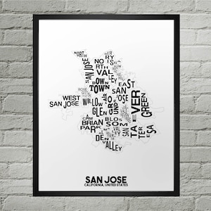 San Jose wijk stadskaart afdrukken | Handgemaakt | Kaart San Jose, Californië | San Jose-print | Kaartkunst San Jose | Woondecoraties San José