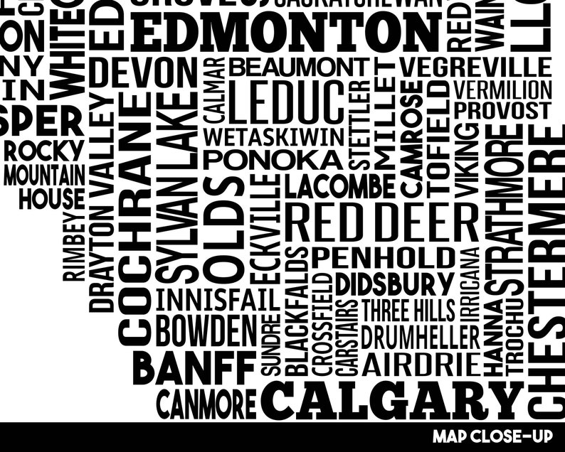 Alberta Cities Typography Map Print Handmade Alberta Map Alberta Print Alberta Map Art Alberta Home Decor AB City Map Print image 2