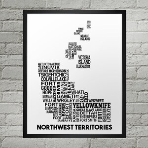 Carte typographique des collectivités des Territoires du Nord-Ouest Impression | Fait main | Carte des Territoires du Nord-Ouest | Territoires du Nord-Ouest Imprimer | Art de la carte
