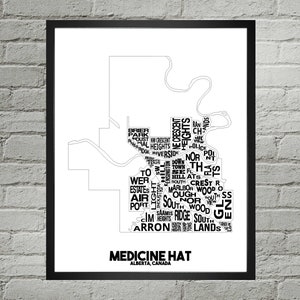 Impression de carte de la ville du quartier de Medicine Hat | Fait main | Carte de l'Alberta à Medicine Hat | Imprimé Medicine Hat | Illustration de carte de Medicine Hat | Décoration d'intérieur, carte