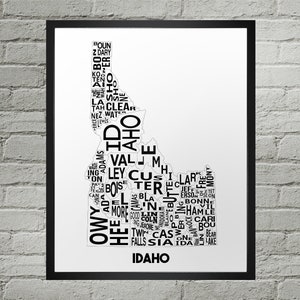 Idaho ID Counties Typography Map Print | Handmade | Idaho United States County Map | US State Map Print Art | Idaho Art Home Decor