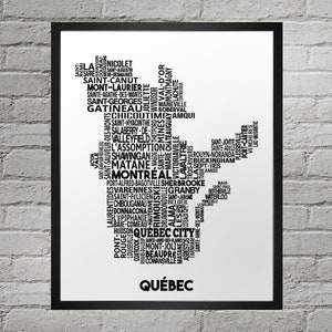 Mappa tipografica delle città del Quebec Stampa / Fatto a mano / Mappa del Quebec / Stampa del Quebec / Mappa artistica del Quebec / Mappa della città QB / Decorazione della casa della mappa / Regalo in movimento