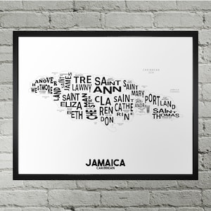 Jamaika Parishes Typografie Karte Druck | Handarbeit | Jamaika Karte | Jamaika Poster | Jamaika Kartenkunst | Jamaika Home Decor | Bewegendes Geschenk