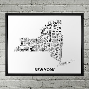 New York NY County typografie kaart afdrukken | Handgemaakt | Kaart van de staat New York, Verenigde Staten | Amerikaanse staat kaart afdrukkunst | Woondecoratiecadeau New York