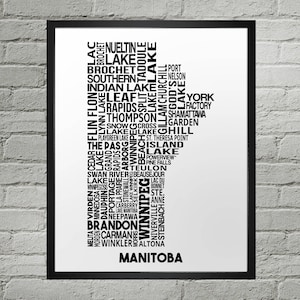 Impression de carte typographique des villes du Manitoba | Fait main | Carte du Manitoba | Manitoba Imprimer | Carte du Manitoba | Impression du plan de la ville de MB | Décoration d'intérieur, carte