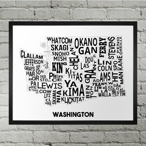 Impression de carte de typographie des comtés de Washington WA | Fait main | Carte du comté de Washington, États-Unis | Impression de carte d'état des États-Unis | Décoration d'intérieur Washington