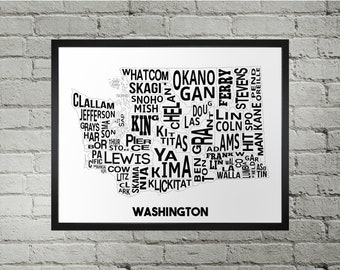 Washington WA Counties Typography Map Print | Handmade | Washington United States County Map | US State Map Print | Washington Home Decor