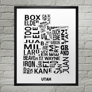 Utah UT Counties Typography Map Print | Handmade | Utah United States County Map | US State Map Print | Utah Print Home Decor | Utah Gift