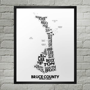 Carte de la ville des municipalités du comté de Bruce | Fait main | Carte du comté de Bruce, Ontario | Comté de Bruce Impression | Illustration de carte du comté de Bruce | Décoration d'intérieur