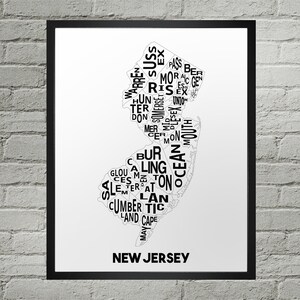 Carte typographique des comtés du New Jersey, NJ | Fait main | Carte du comté du New Jersey aux États-Unis | Impression de carte d'état des États-Unis | Décoration d'intérieur du New Jersey