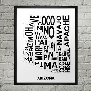 Impression de carte de typographie des comtés de l'Arizona AZ | Fait main | Carte du comté de l'Arizona aux États-Unis | Impression de carte d'état des États-Unis | Art déco de l'Arizona
