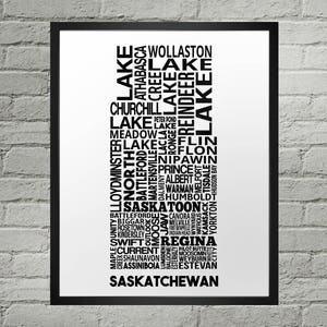 Impression de carte typographique des villes de la Saskatchewan | Fait main | Carte de la Saskatchewan | Saskatchewan Imprimer | Carte de la Saskatchewan | Carte de la ville de Saskatchewan | Carte artistique