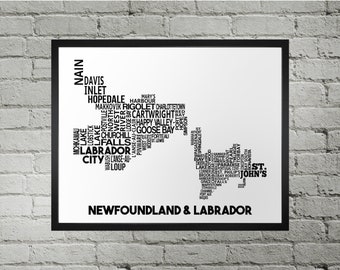 Newfoundland and Labrador Cities Typography Map Print | Handmade | Newfoundland and Labrador Map | Newfoundland and Labrador Map Print