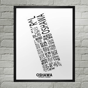 Impression du plan de la ville du quartier d'Oshawa | Fait main | Oshawa (Ontario) : carte | Impression Oshawa | Oshawa oeuvres d'art | Décoration d'intérieur Oshawa | Cadeau de déménagement | Illustration de la carte