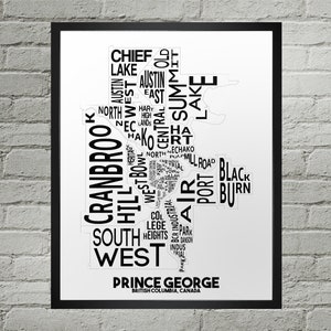 Prince George Neighbourhood City Map Print | Handmade | Prince George British Columbia Map | Prince George Print | Prince George Map Art