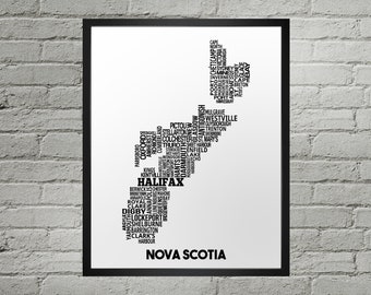 Nova Scotia Städte Typografie Karte Drucken | Handarbeit | Nova Scotia Karte | Nova Scotia Poster | Nova Scotia Kartenkunst | NS Stadtplan | Wohndekor