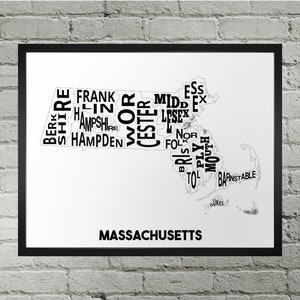 Impression de carte de typographie des comtés du Massachusetts MA | Fait main | Carte du comté du Massachusetts aux États-Unis | Impression artistique de la carte de l'État du Massachusetts aux États-Unis
