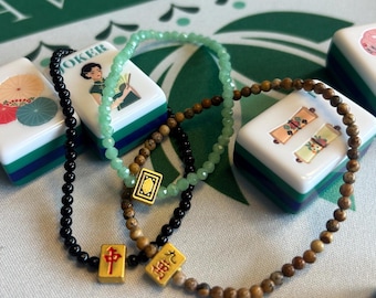 Mahjong Tile Beaded Bracelet - Green Jade