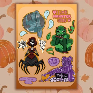 Monster Girl Sticker Sheet! 5x7 in -- Halloween stickers, kawaii stickers, scrapbook ideas, bullet journal, bujo, Halloween, spooky