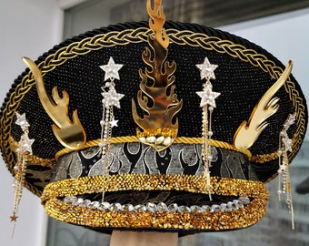 FLAME FESTIVAL HAT Sombrero de Capitán hecho a mano, Sombrero de Festival, Sombrero Militar, Sombrero Boho, Rave, Traje, Carnaval