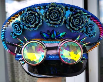 Sombrero de capitán de rosas azules: Disfraz de festival hecho a mano con gafas.