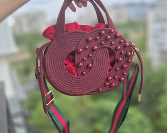Bolso circular de cuerda de algodón hecho a mano: bolso de hombro ligero