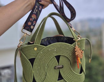 Bolso circular de cuerda de algodón hecho a mano: bolso de hombro con lentejuelas