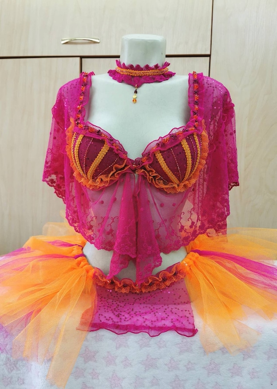 Pink and Orange Rave Outfit Rave Bra Tutu Fairy Costume - Etsy