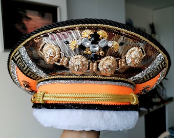 Gorro de capitán Tigre Naranja: Disfraz hecho a mano para festivales y fiestas rave.
