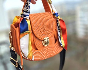 Bolso circular de cuerda de algodón hecho a mano: bolso de hombro diario con bufanda