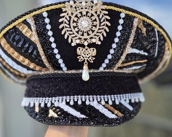 Sombrero de capitán con perlas: disfraz para festivales y fiestas rave, adornado con lentejuelas, accesorio para Burning Man.