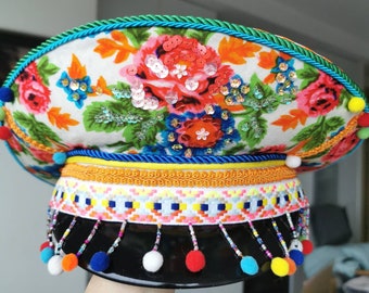 Festival de Arte Ucraniano Sombrero Bordado de Lentejuelas Rave Hombre Ardiente Capitán Sombrero Militar Disfraz Música
