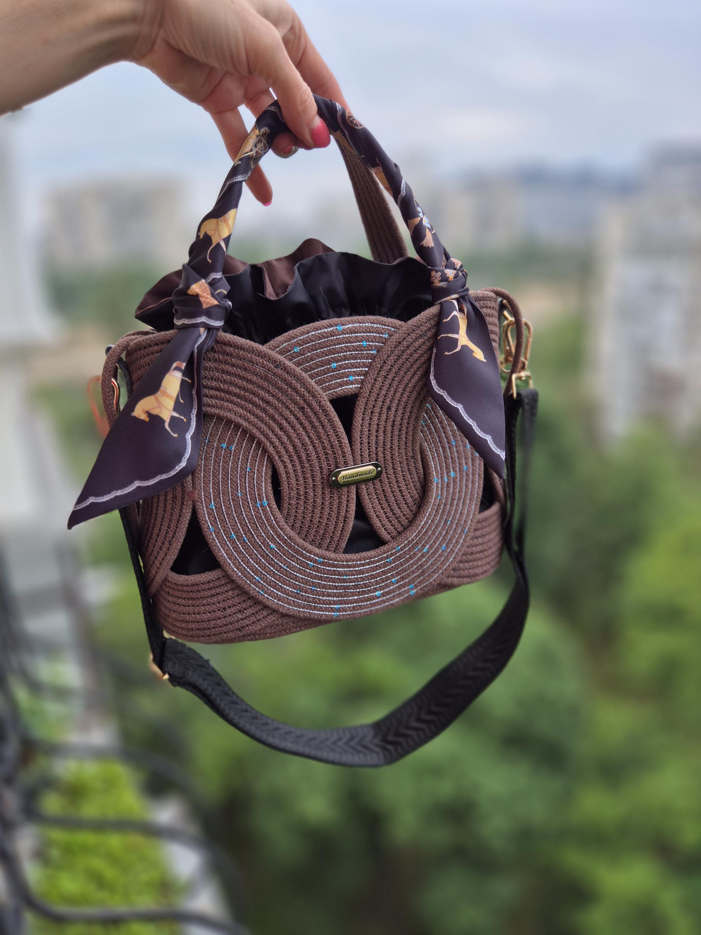 バッグ Synthetic Leather Rope Handle Bag Genuine Leather Woven Handbag, Top Handle Leather Bag
