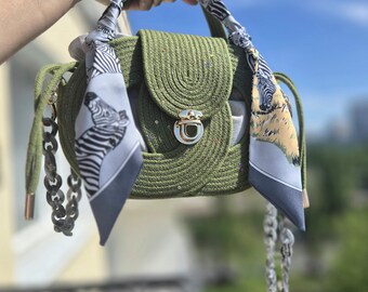 Bolso circular de cuerda de algodón hecho a mano: bolso de hombro ecológico