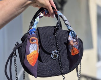 Bolso circular de cuerda de algodón hecho a mano: bolso de hombro con lentejuelas y bufanda.