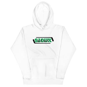 May include: White hoodie with a black and green graphic that says "Sioux yeah yeah" in a box.