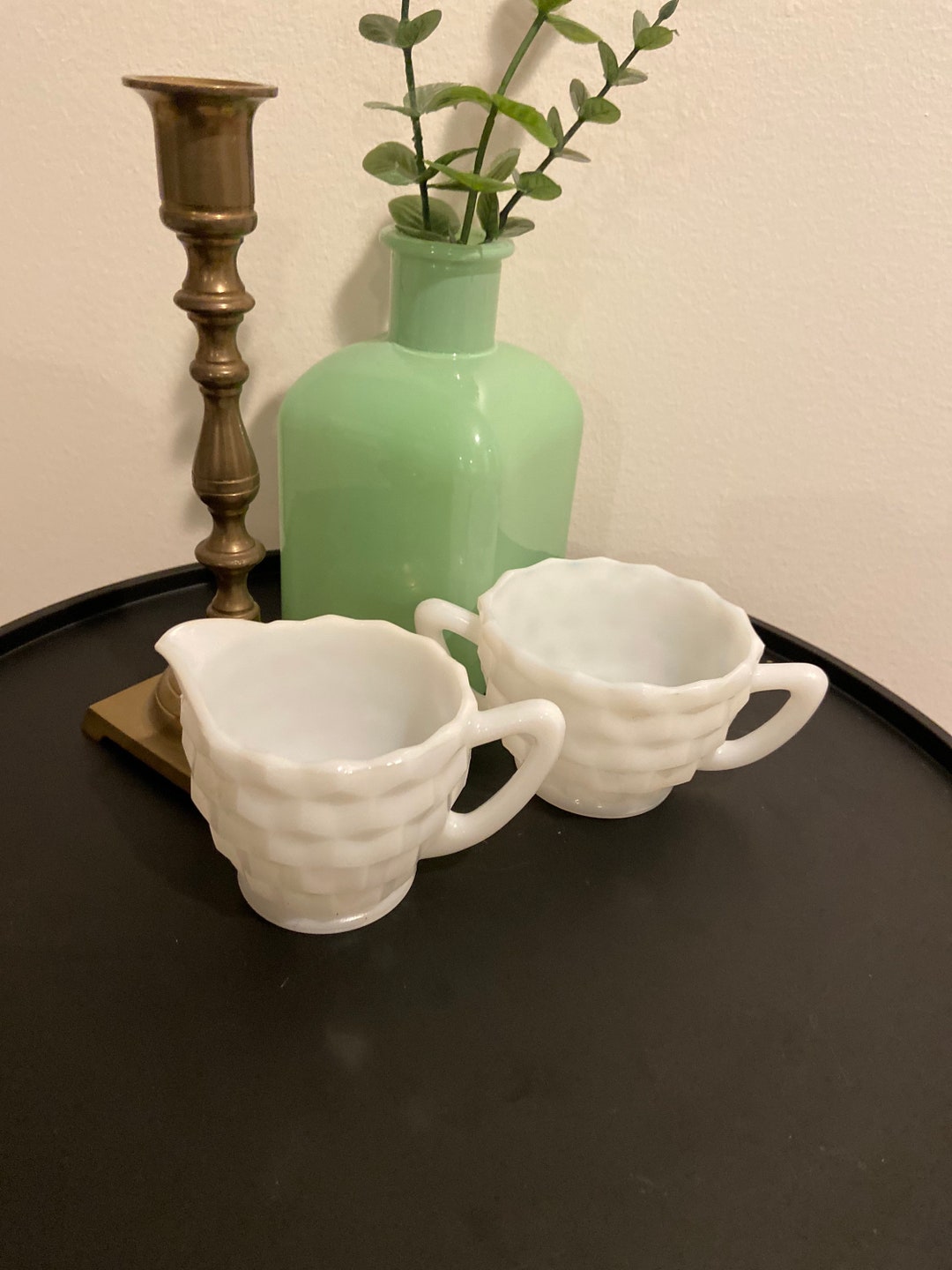 Vintage Milk Glass Sugar Bowl and Cream Pitcher Diamond Cut Sunburst