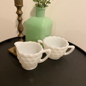 Vintage Milk Glass Sugar Bowl and Cream Pitcher Diamond Cut Sunburst bottom