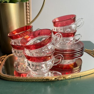 Ruby red Thumbprint Cups and Saucers - Set of 6
