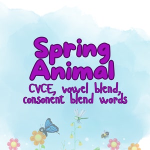 May include: A colorful illustration of spring animals with the words "Spring Animal" in purple text and "CVCE, vowel blend, consonant blend words" in smaller purple text. The illustration features a butterfly, a dragonfly, a bee, a caterpillar, a ladybug, and a frog.