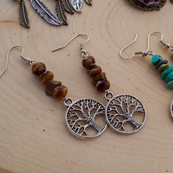 Oeil de tigre et boucles d’oreilles arbre de vie