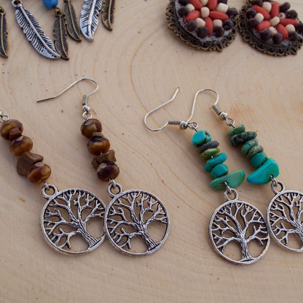 African Turquoise and Tree of Life Charm Earrings